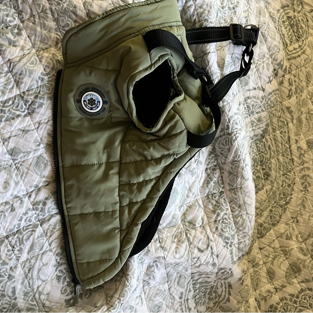 Olive Quilted Dog Harness Jacket with Black Straps